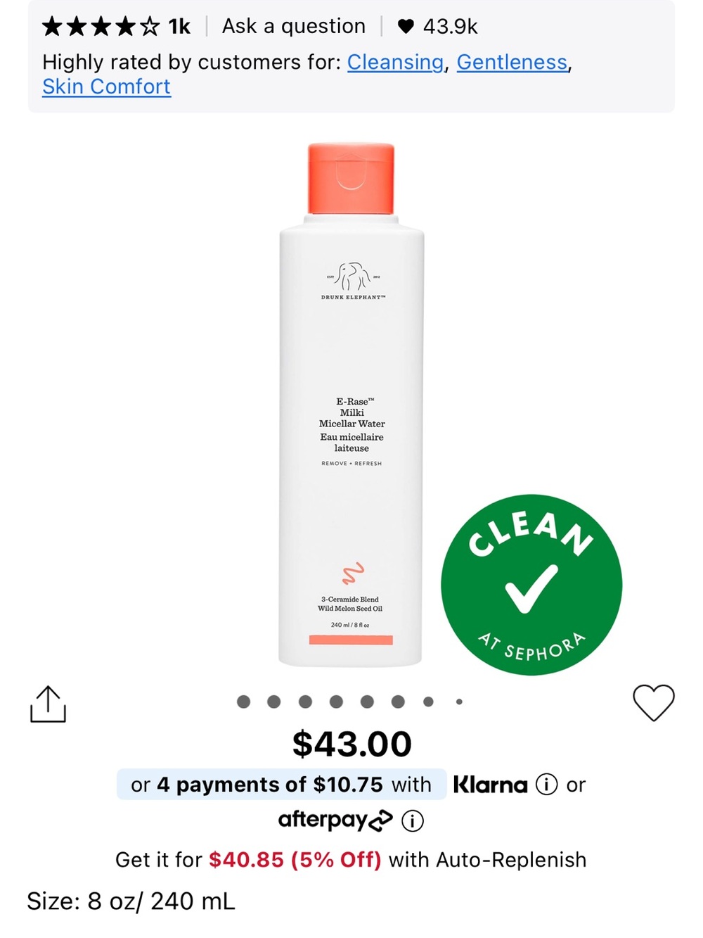 Drunk Elephant Milki Micellar Water — White with Coral Cap